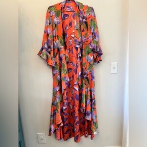 Alice + Olivia Dandi reversible floral palm coral ruffle kimono duster